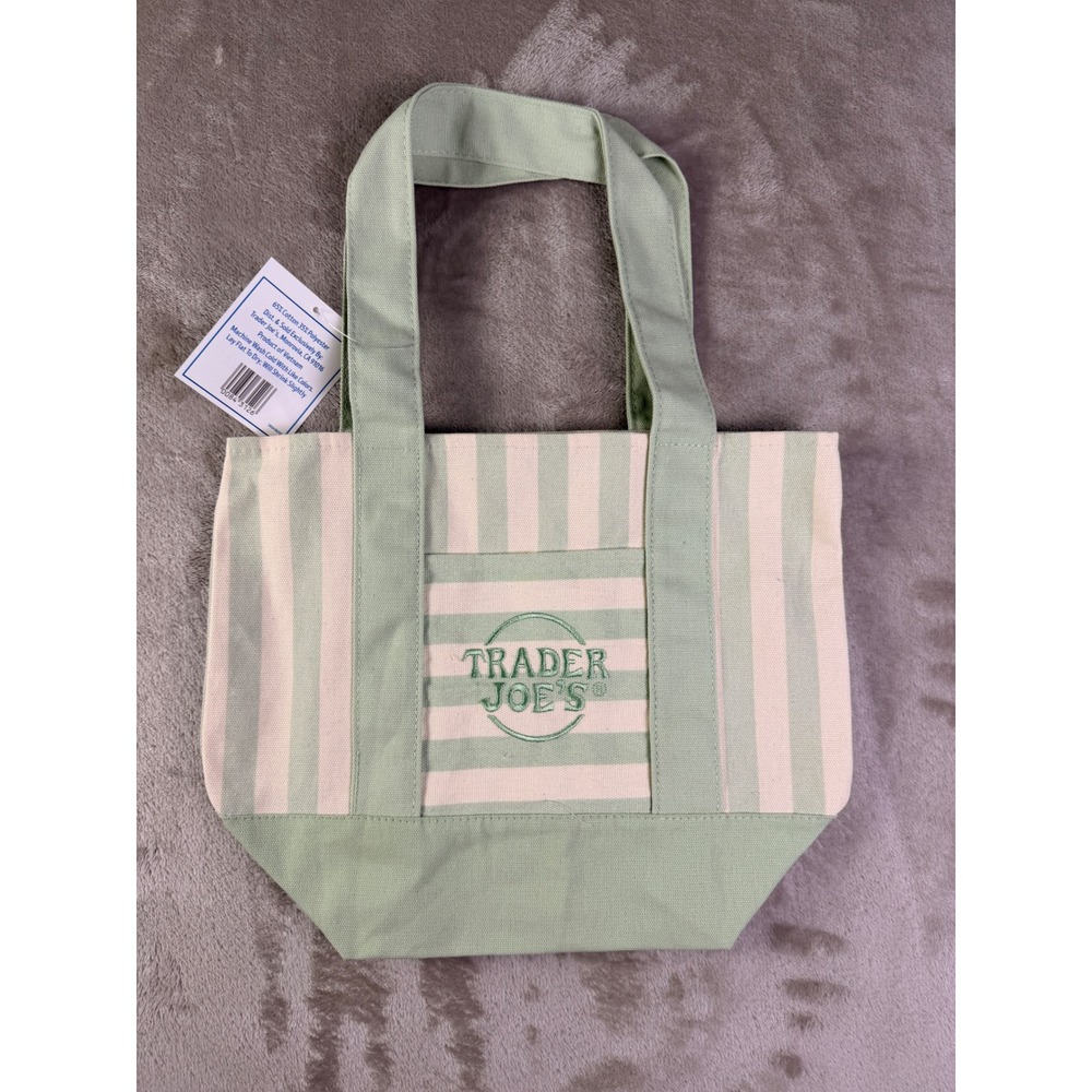 Trader Joe's Mini Canvas Tote Bag Green Striped Limited Edition Handbag NWT